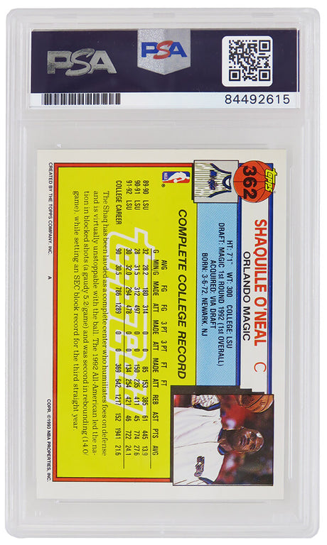 Shaquille O'Neal Signed Orlando Magic 1992 Topps GOLD Rookie Card #362 (PSA/DNA Encapsulated - Auto Grade 10)