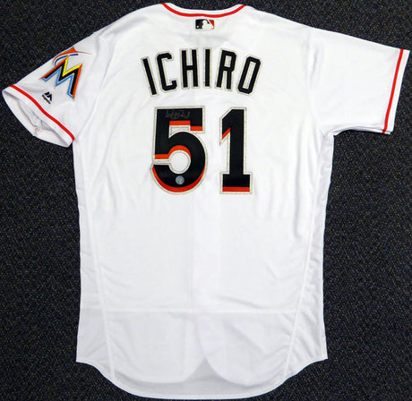 Miami Marlins Ichiro Suzuki Autographed White Majestic Authentic Flex Base Jersey Size 44 IS Holo Stock #107890