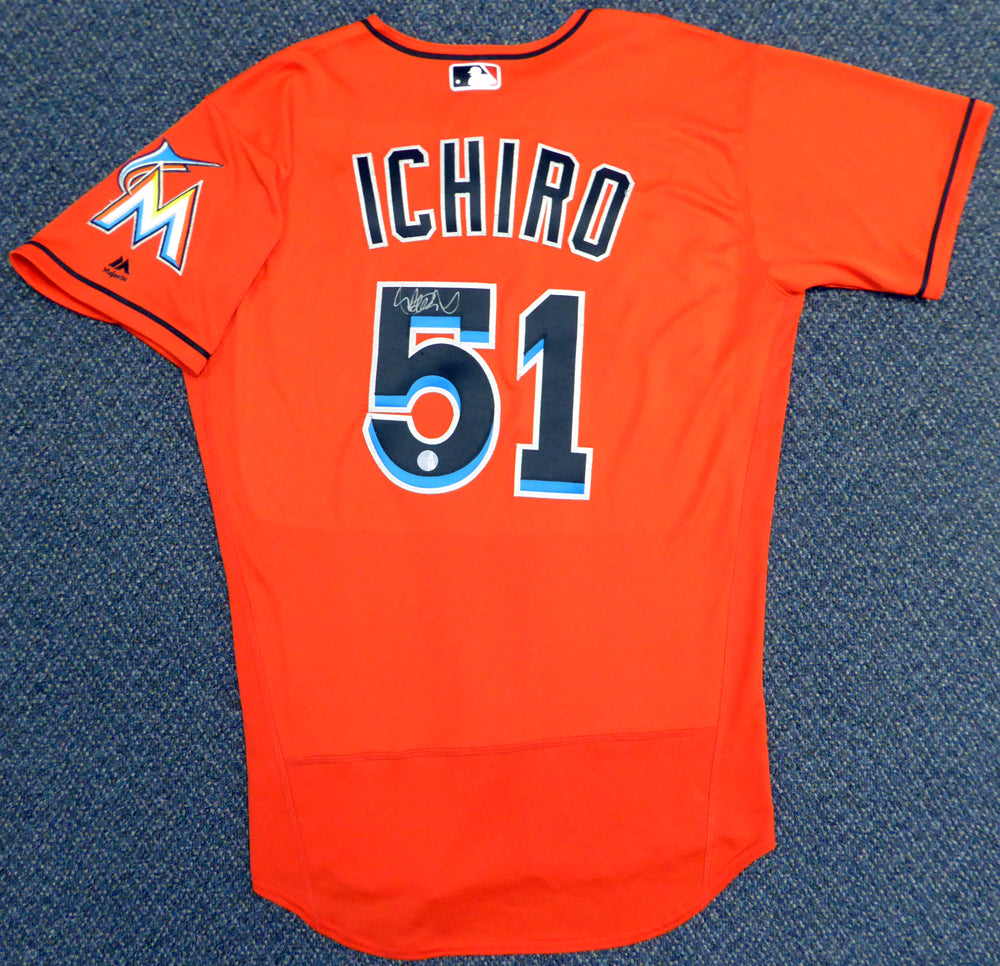 Miami Marlins Ichiro Suzuki Autographed Orange Majestic Authentic Flex Base Jersey Size 44 IS Holo Stock #111456