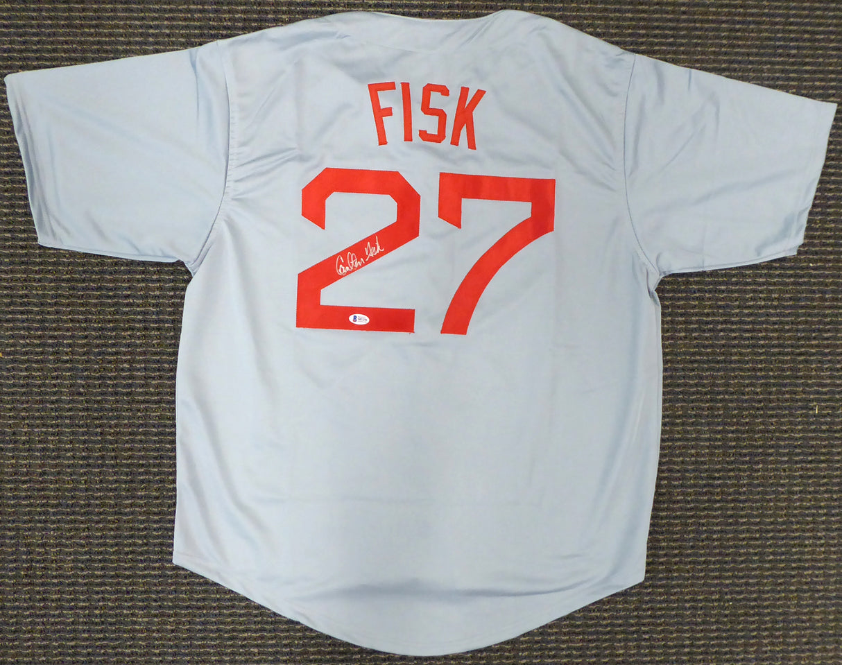 Boston Red Sox Carlton Fisk Autographed Framed Gray Jersey Beckett BAS Stock #177846