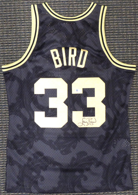 Boston Celtics Larry Bird Autographed Black Mitchell & Ness Gold Toile Swingman Jersey Size M Beckett BAS Stock #177714