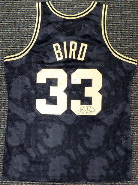 Boston Celtics Larry Bird Autographed Black Mitchell & Ness Gold Toile Swingman Jersey Size L Beckett BAS Stock #177715