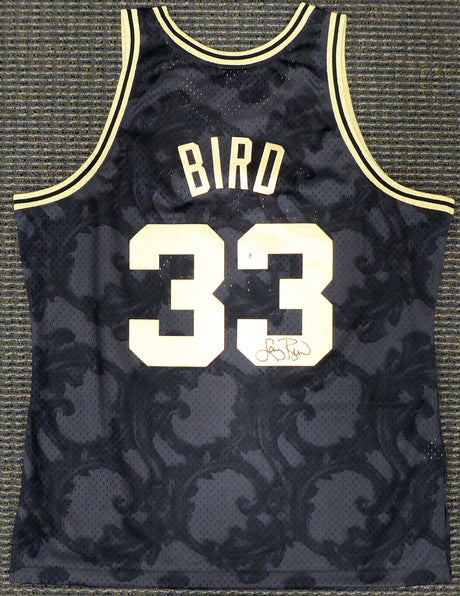 Boston Celtics Larry Bird Autographed Black Mitchell & Ness Gold Toile Swingman Jersey Size XL Beckett BAS Stock #177716