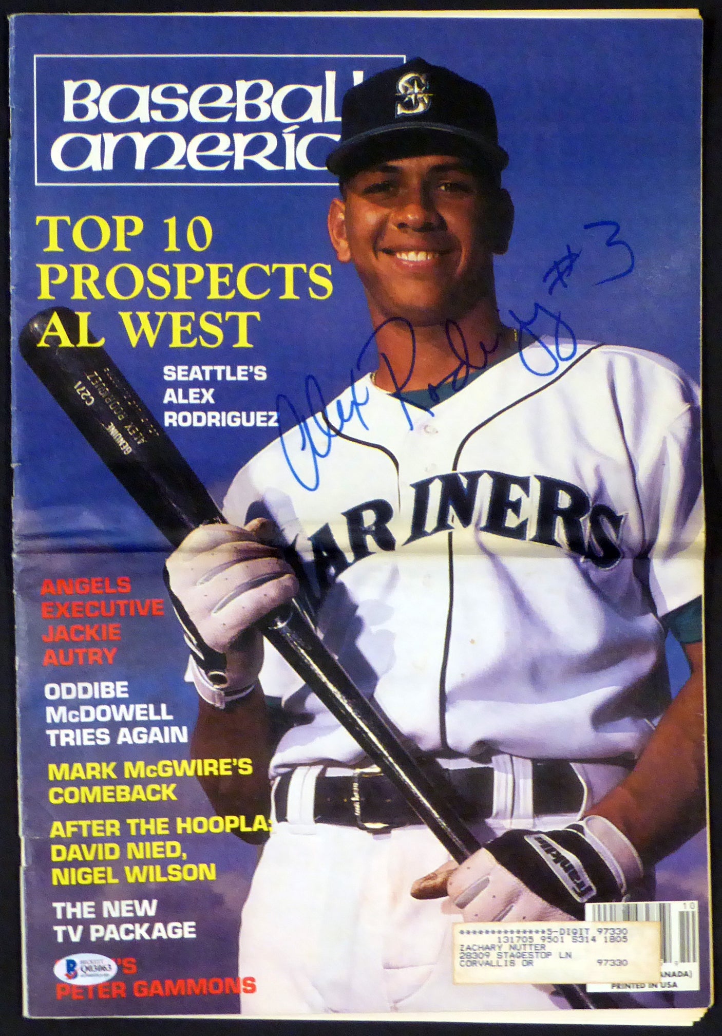 Alex Rodriguez Autographed Baseball America Magazine Seattle Mariners "#3" Vintage Rookie Era Beckett BAS #Q03063