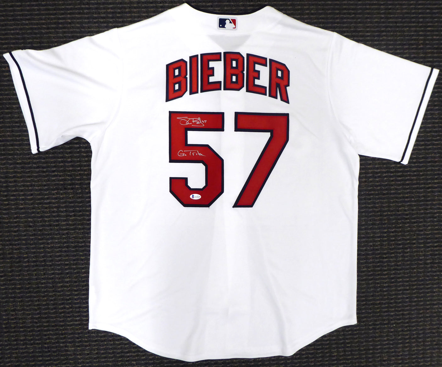 Cleveland Indians Shane Bieber Autographed White Majestic Cool Base Jersey Size L "Go Tribe" Beckett BAS Stock #187723