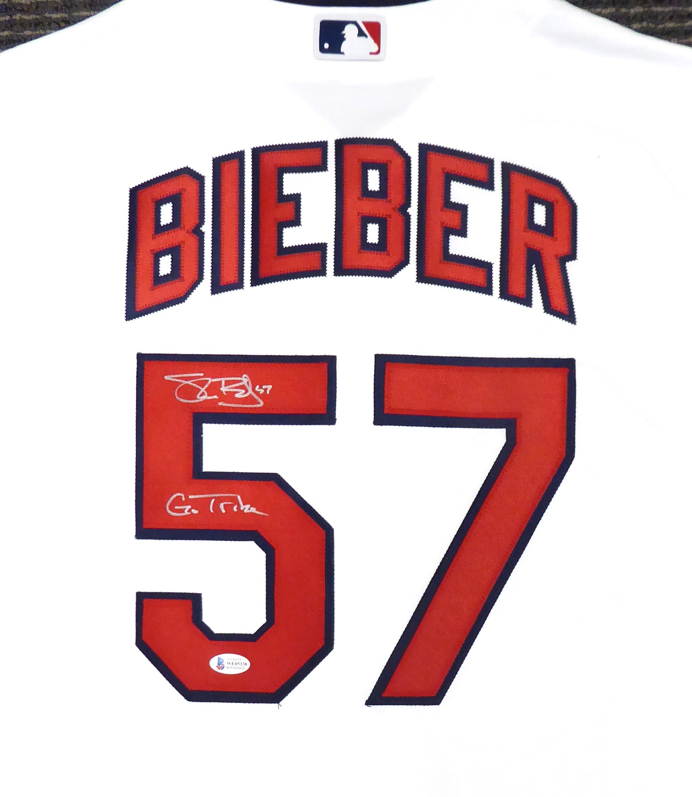 Cleveland Indians Shane Bieber Autographed White Majestic Cool Base Jersey Size L "Go Tribe" Beckett BAS Stock #187723