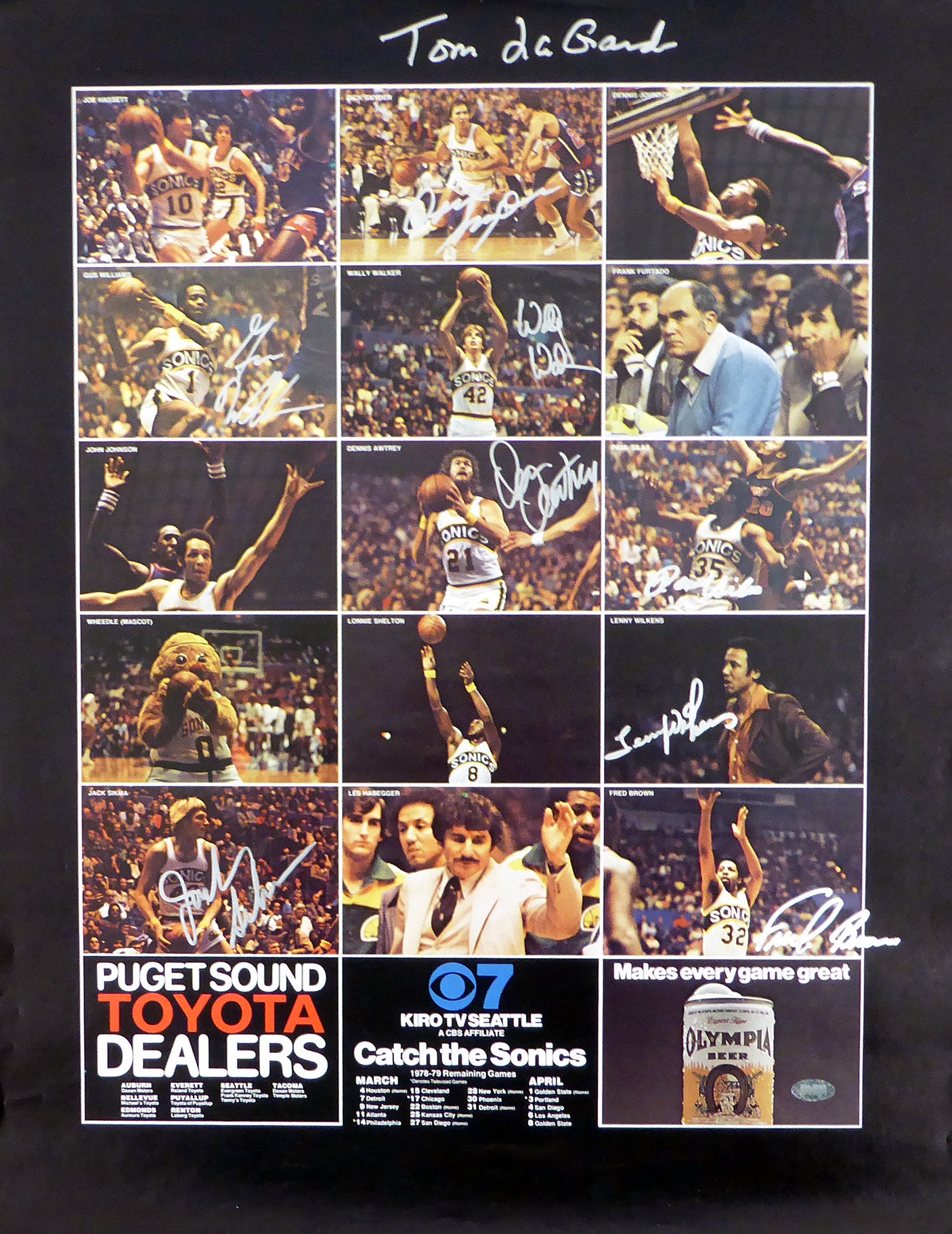 1978-79 NBA Champions Seattle Supersonics Autographed 17x22 Poster Photo With 9 Total Signatures Including Fred Brown & Lenny Wilkens MCS Holo #51053