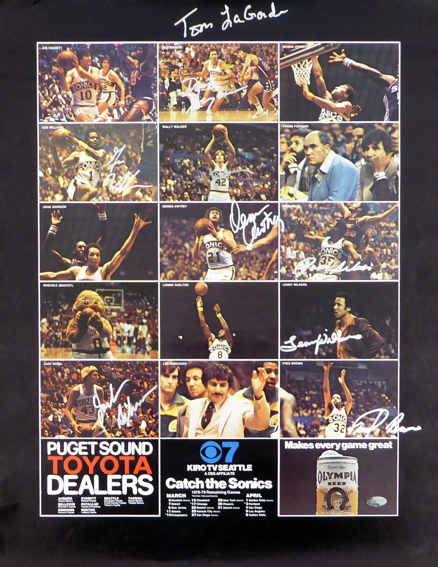 1978-79 NBA Champions Seattle Supersonics Autographed 17x22 Poster Photo With 9 Total Signatures Including Fred Brown & Lenny Wilkens MCS Holo #51044