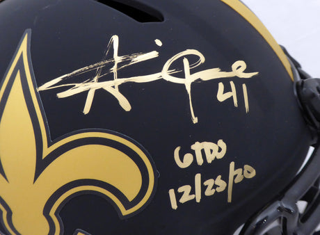 Alvin Kamara Autographed New Orleans Saints Eclipse Black Full Size Authentic Speed Helmet "6 TD's 12/25/20" (Light Auto) Beckett BAS QR #WJ58535