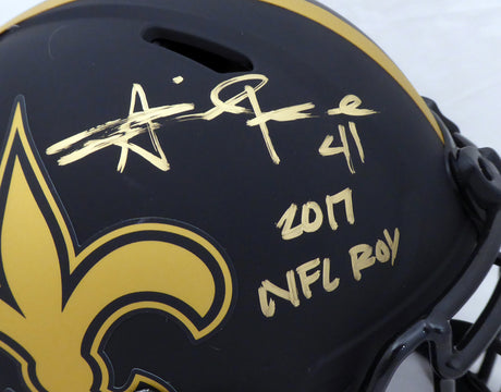 Alvin Kamara Autographed New Orleans Saints Eclipse Black Full Size Authentic Speed Helmet "2017 NFL ROY" (Light Auto) Beckett BAS QR #WJ58346