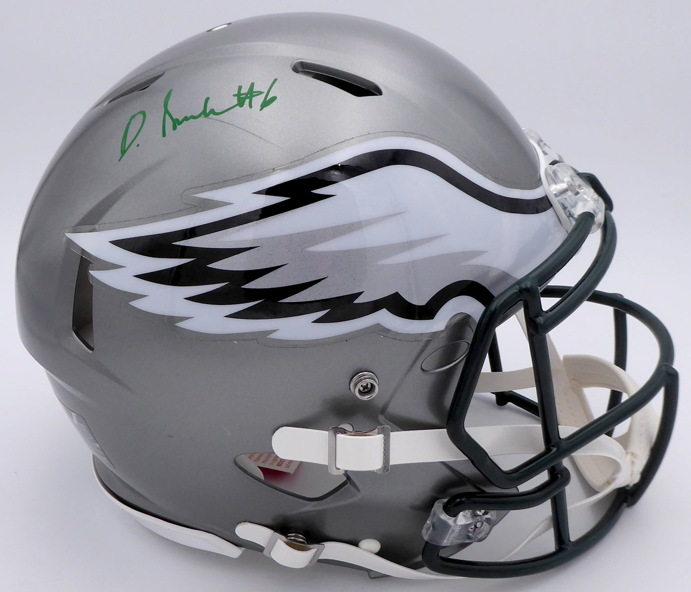 DeVonta Smith Autographed Philadelphia Eagles Flash Silver Full Size Authentic Speed Helmet (Scuff) Beckett BAS QR #WN30215