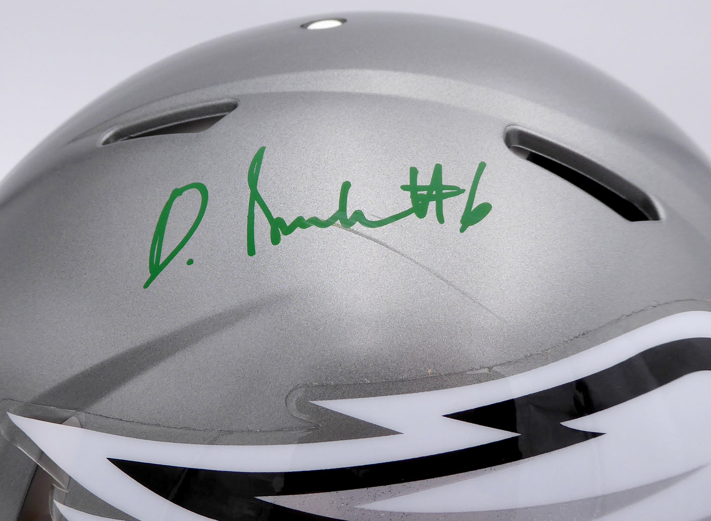 DeVonta Smith Autographed Philadelphia Eagles Flash Silver Full Size Authentic Speed Helmet (Scuff) Beckett BAS QR #WN30215