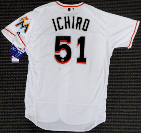 Miami Marlins Ichiro Suzuki Autographed Authentic White Majestic Flex Base Jersey (Stain) Size 48 IS Holo #201885