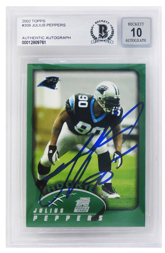 Julius Peppers Signed Carolina Panthers 2002 Topps Football Rookie Card #359 (Beckett Encapsulated/ Auto Grade 10)