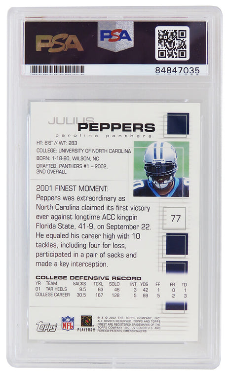 Julius Peppers Signed Carolina Panthers 2002 Topps Finest Football Rookie Card #77 (PSA Encapsulated)