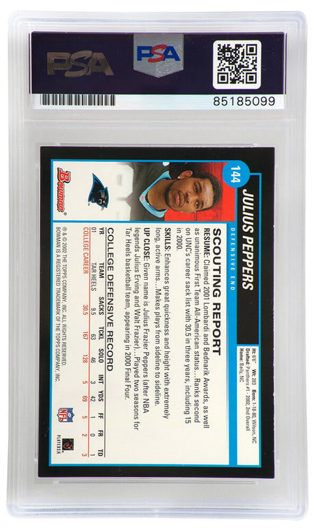 Julius Peppers Signed Carolina Panthers 2002 Bowman Football Rookie Card #144 (PSA Encapsulated - Auto Grade 8)