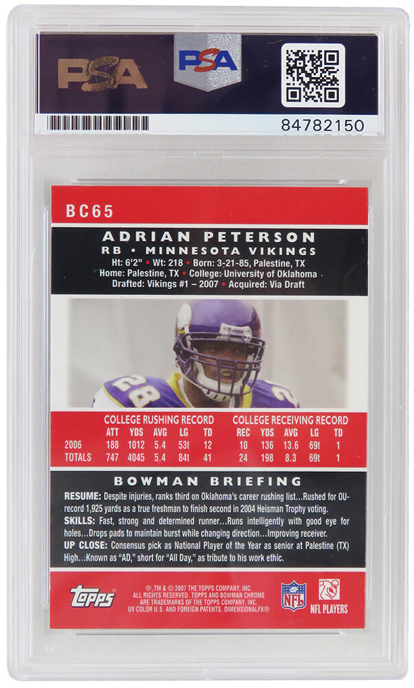 Adrian Peterson Signed Minnesota Vikings 2007 Bowman Chrome Football Rookie Trading Card #BC65 (PSA Encapsulated)