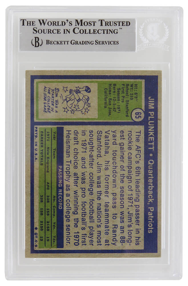 Jim Plunkett Signed New England Patriots 1972 Topps Rookie Card #65 - (Beckett Encapsulated)