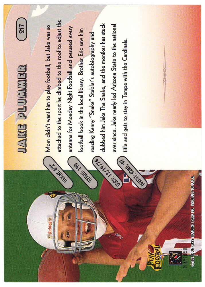 Jake Plummer Signed Arizona Cardinals 1997 Donruss Rookie Football Trading Card #217 w/Snake