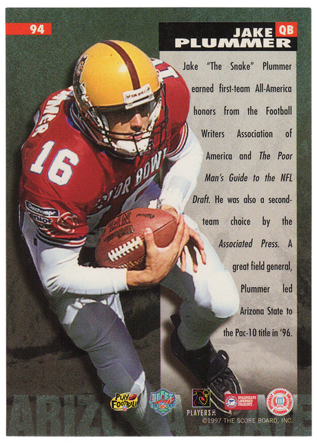 Jake Plummer Signed Arizona State 1997 SB All American Rookie Football Trading Card #94 w/Snake