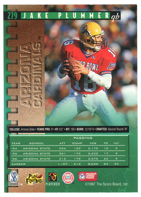 Jake Plummer Signed Arizona Cardinals 1997 Pro Line Rookie Football Trading Card #279 w/Snake