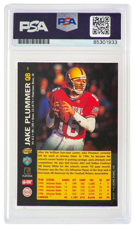 Jake Plummer Signed Arizona Cardinals 1997 SB 2nd Round Pick Rookie Football Card #1 w/Snake (PSA Encapsulated)