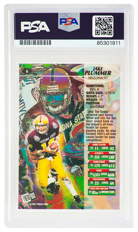 Jake Plummer Signed Arizona State 1997 Press Pass Rookie Football Card #6 w/Snake (PSA Encapsulated)