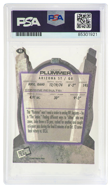 Jake Plummer Signed Arizona State 1997 Press Pass Combine Football Card #42 w/Snake (PSA Encapsulated)