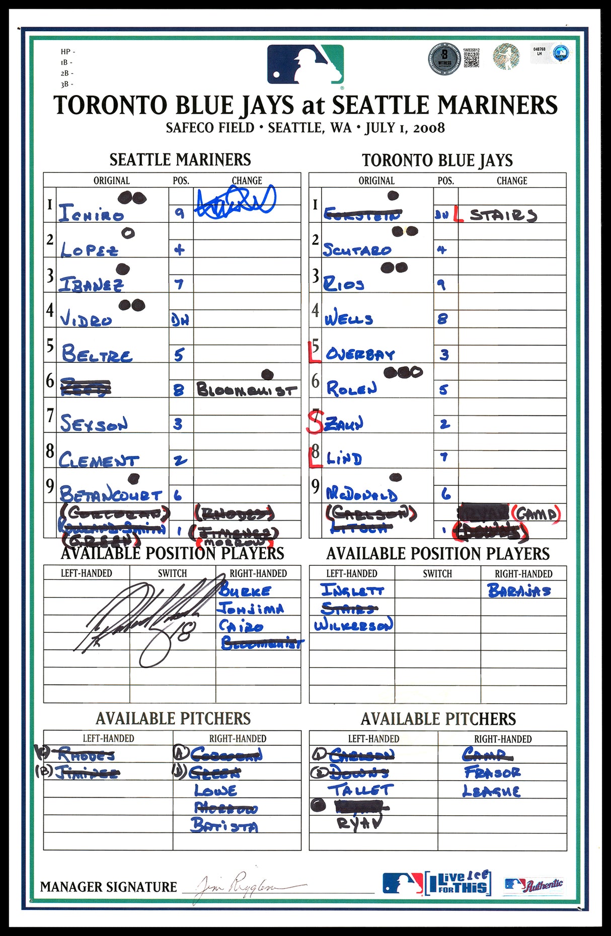 Ichiro Suzuki Autographed 2008 Game Used Line-Up Card Seattle Mariners IS Holo & Beckett BAS Witness #1W835812