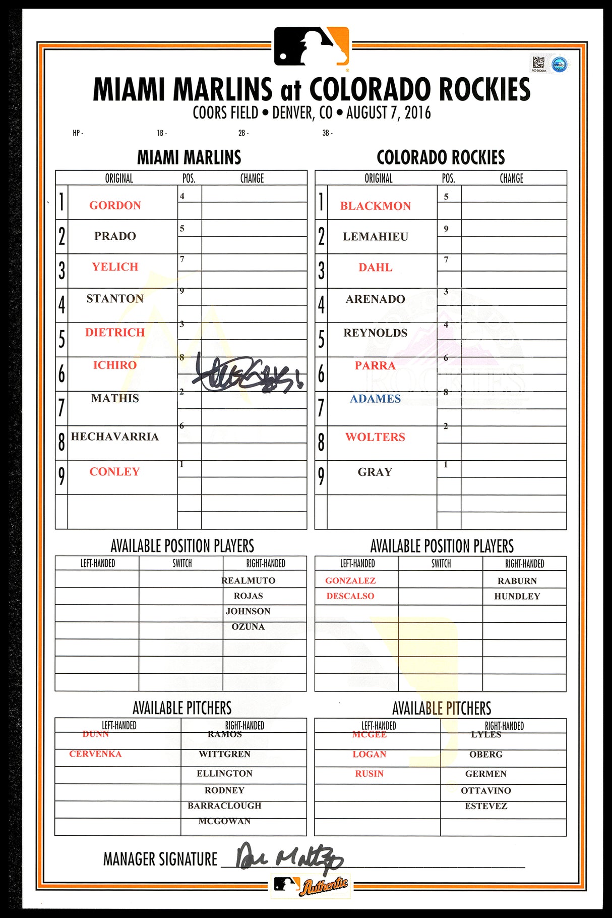 Ichiro Suzuki & Don Mattingly Autographed 2016 Game Used 3,000 Hit Line-up Card Miami Marlins IS Holo & MLB Holo #HZ660983