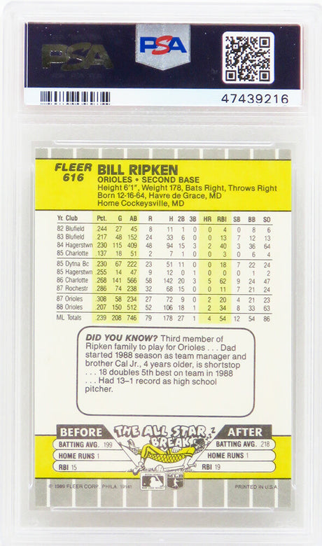 Bill Ripken (Baltimore Orioles) 1989 Fleer Baseball #616 FF Error Card - PSA 10 GEM MINT (New Label)