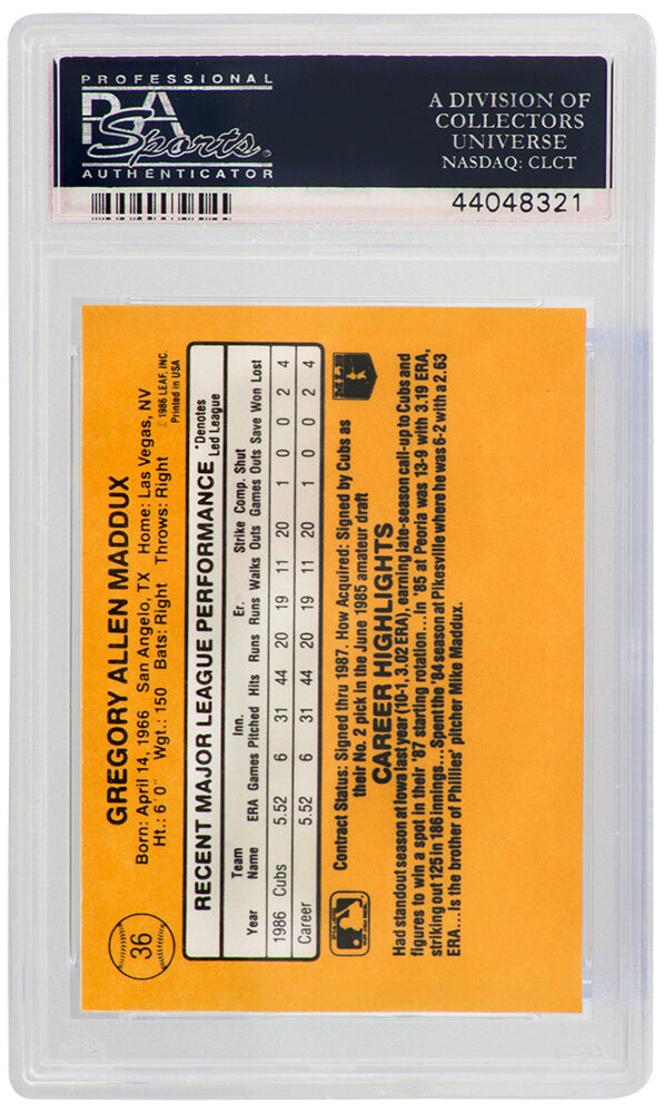 Greg Maddux (Chicago Cubs) 1987 Donruss Baseball #36 RC Rated Rookie Card - PSA 10 GEM MINT (Silver Label)