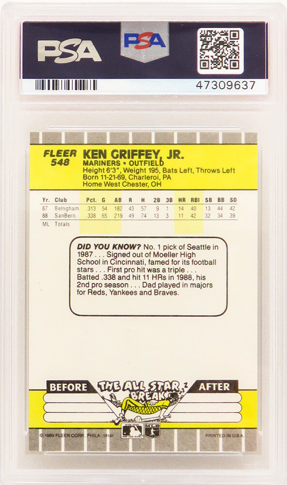 Ken Griffey Jr (Seattle Mariners) 1989 Fleer Baseball #548 RC Rookie Card - PSA 10 GEM MINT