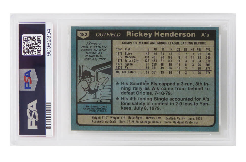 Rickey Henderson (Oakland A's) 1980 Topps Baseball #482 RC Rookie Card - PSA 9 MINT (B)