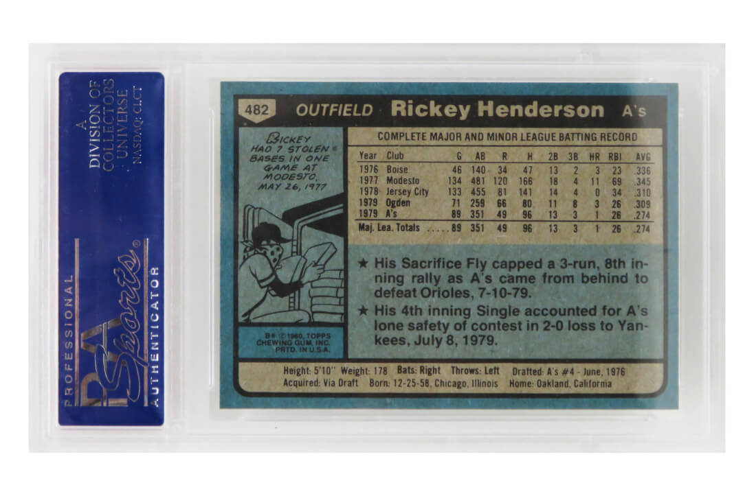 Rickey Henderson (Oakland A's) 1980 Topps Baseball #482 RC Rookie Card - PSA 9 MINT (K)