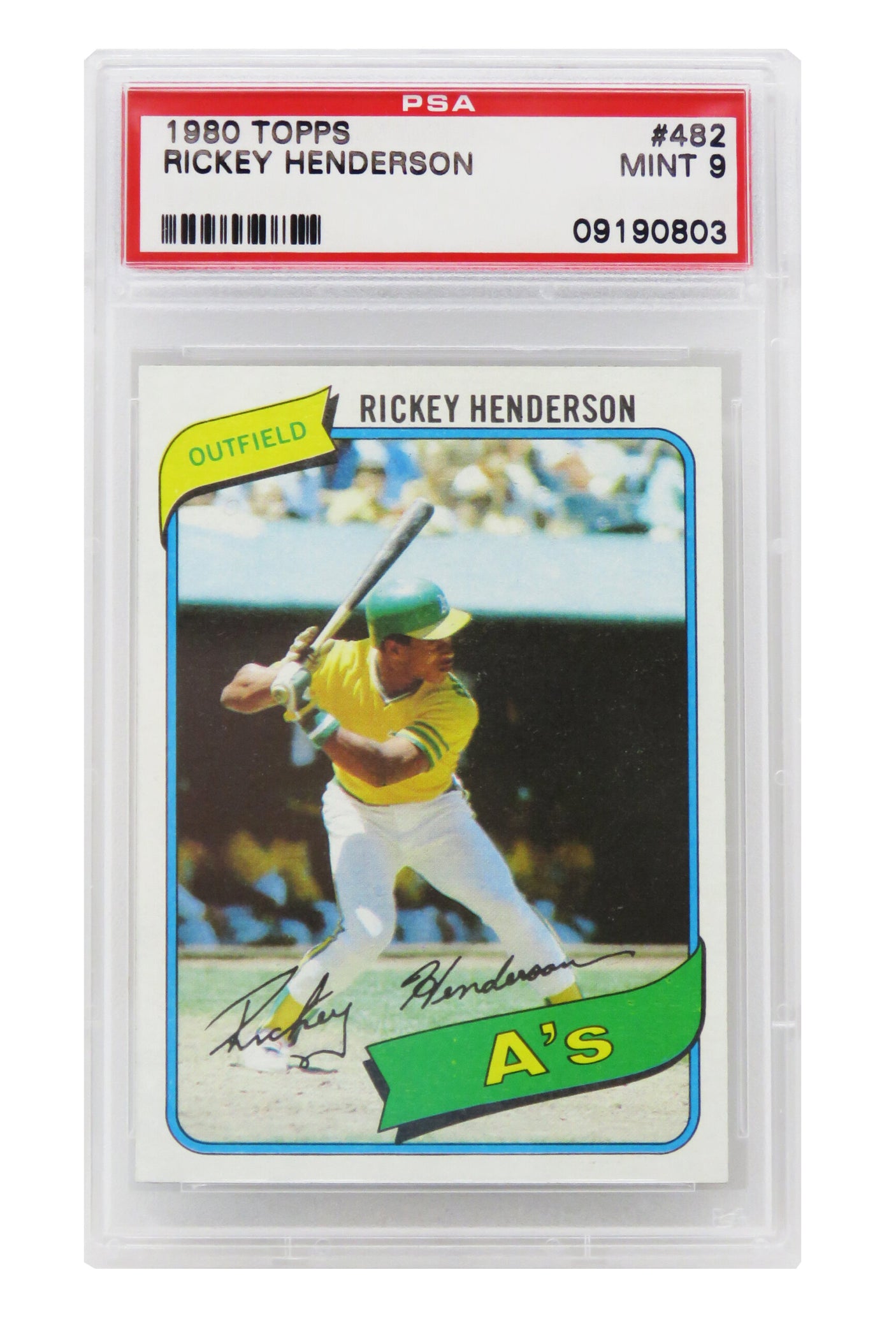 Rickey Henderson (Oakland A's) 1980 Topps Baseball #482 RC Rookie Card - PSA 9 MINT (K)