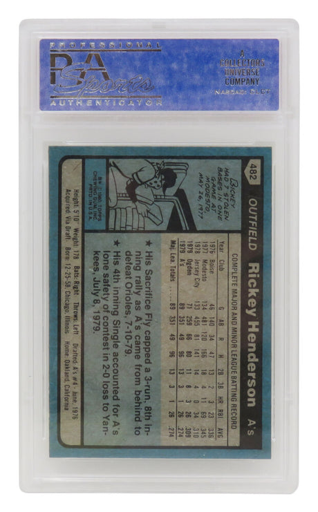 Rickey Henderson (Oakland A's) 1980 Topps Baseball #482 RC Rookie Card - PSA 9 MINT (Old Labe)(L)