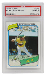 Rickey Henderson (Oakland A's) 1980 Topps Baseball #482 RC Rookie Card - PSA 9 MINT (Old Labe)(L)