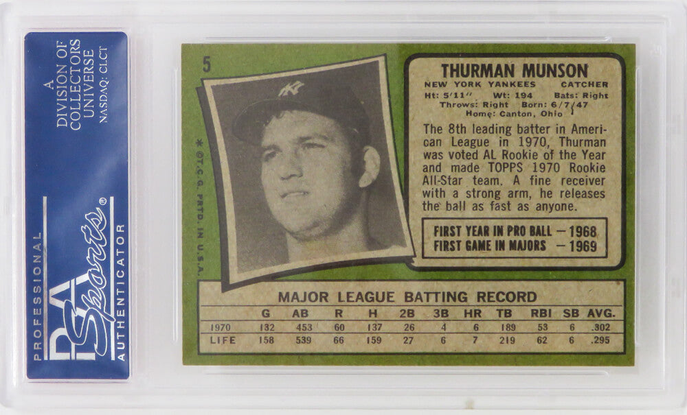 Thurman Munson (New York Yankees) 1971 Topps All Star Rookie Card #5 (2nd Year Card) - PSA 8 NM-MT (G)