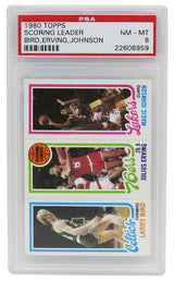 Larry Bird, Magic Johnson & Julius Erving 1980 Topps Scoring Leader RC Card (PSA 8 NM-MT)(F)