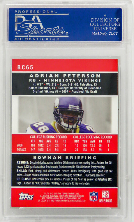 Adrian Peterson (Minnesota Vikings) 2007 Bowman Chrome #BC65 RC Rookie Card - PSA 10 GEM MINT