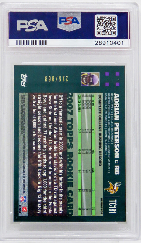 Adrian Peterson (Minnesota Vikings) 2007 Topps Chrome White Refractor #TC181 RC Rookie Card - PSA 10 (#215/869)