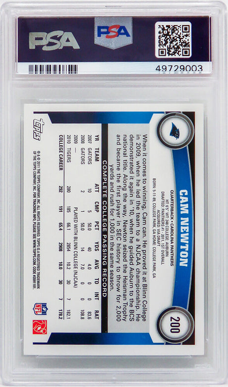 Cam Newton (Carolina Panthers) 2011 Topps Football #200 RC Rookie Card - PSA 10 GEM MINT (New Label)