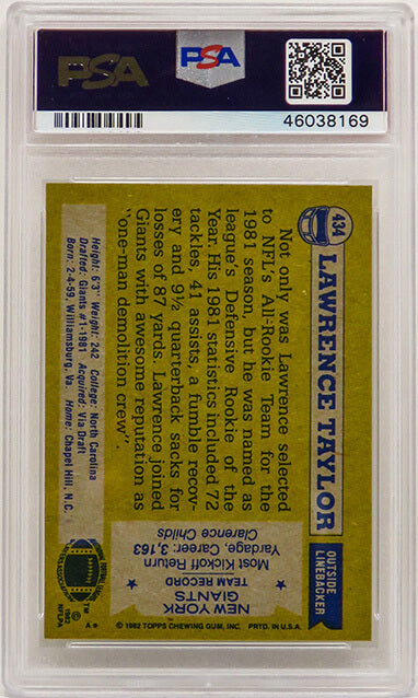 Lawrence Taylor (New York Giants) 1982 Topps Football #434 RC Rookie Card - PSA 8 NM-MT (D)