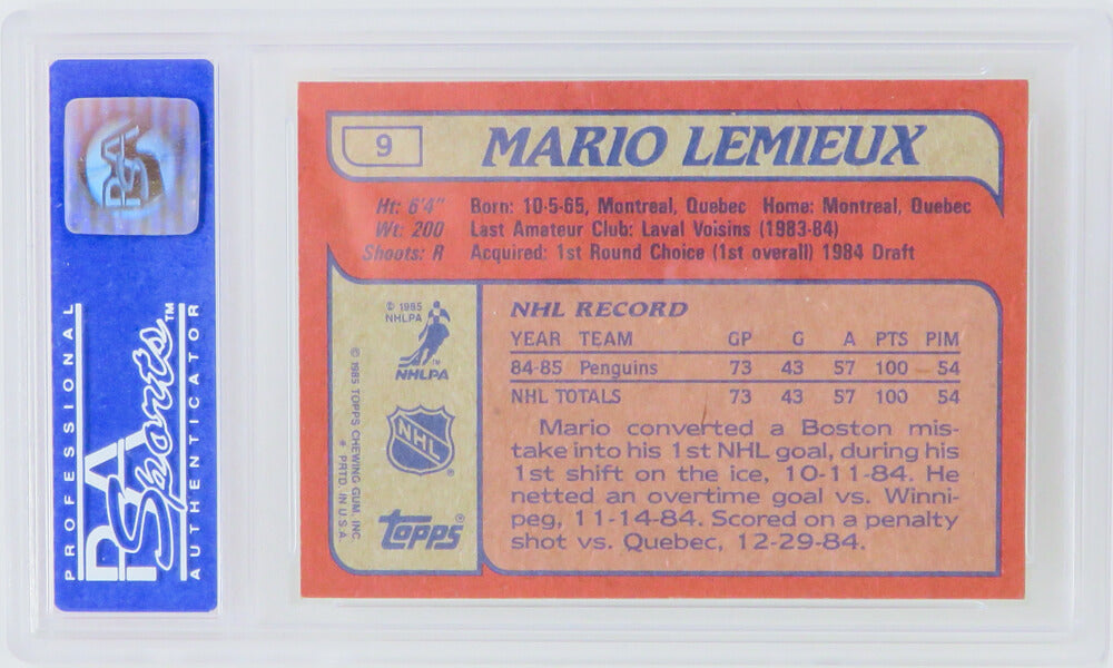 Mario Lemieux (Pittsburgh Penguins) 1985 Topps Hockey RC Rookie Card #9 - (PSA 8 NM-MT) (H)