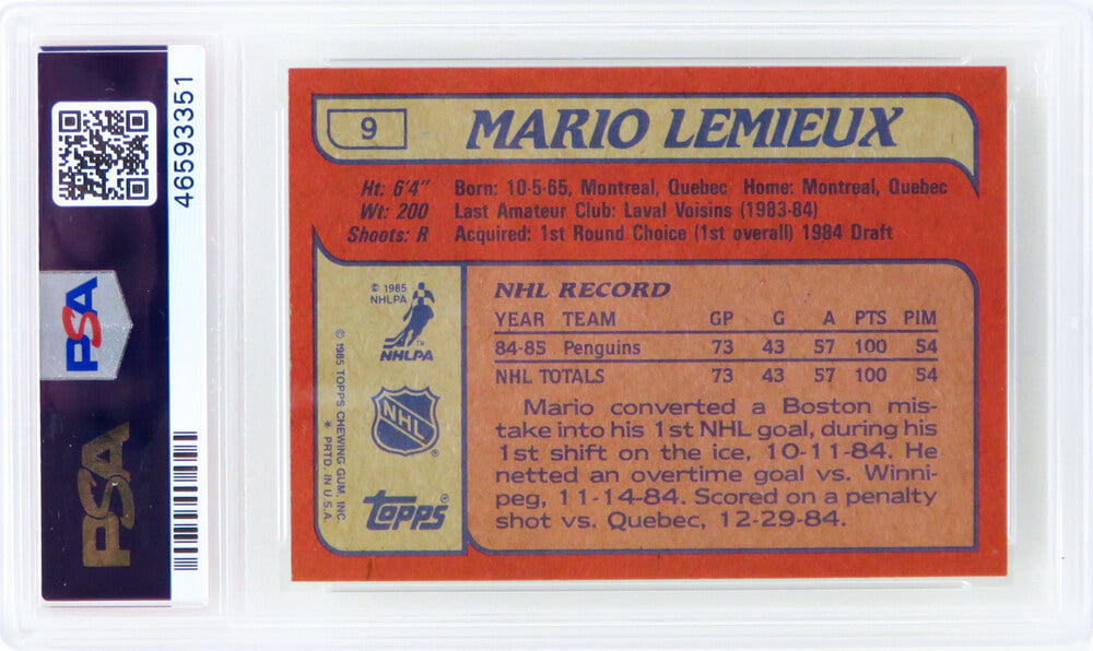 Mario Lemieux (Pittsburgh Penguins) 1985 Topps Hockey RC Rookie Card #9 - (PSA 9 MINT) (I)