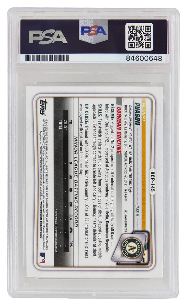 Robert Puason Signed Oakland A's 2020 Topps Bowman Chrome Baseball Rookie Card #BCP-145- (PSA/DNA Encapsulated)