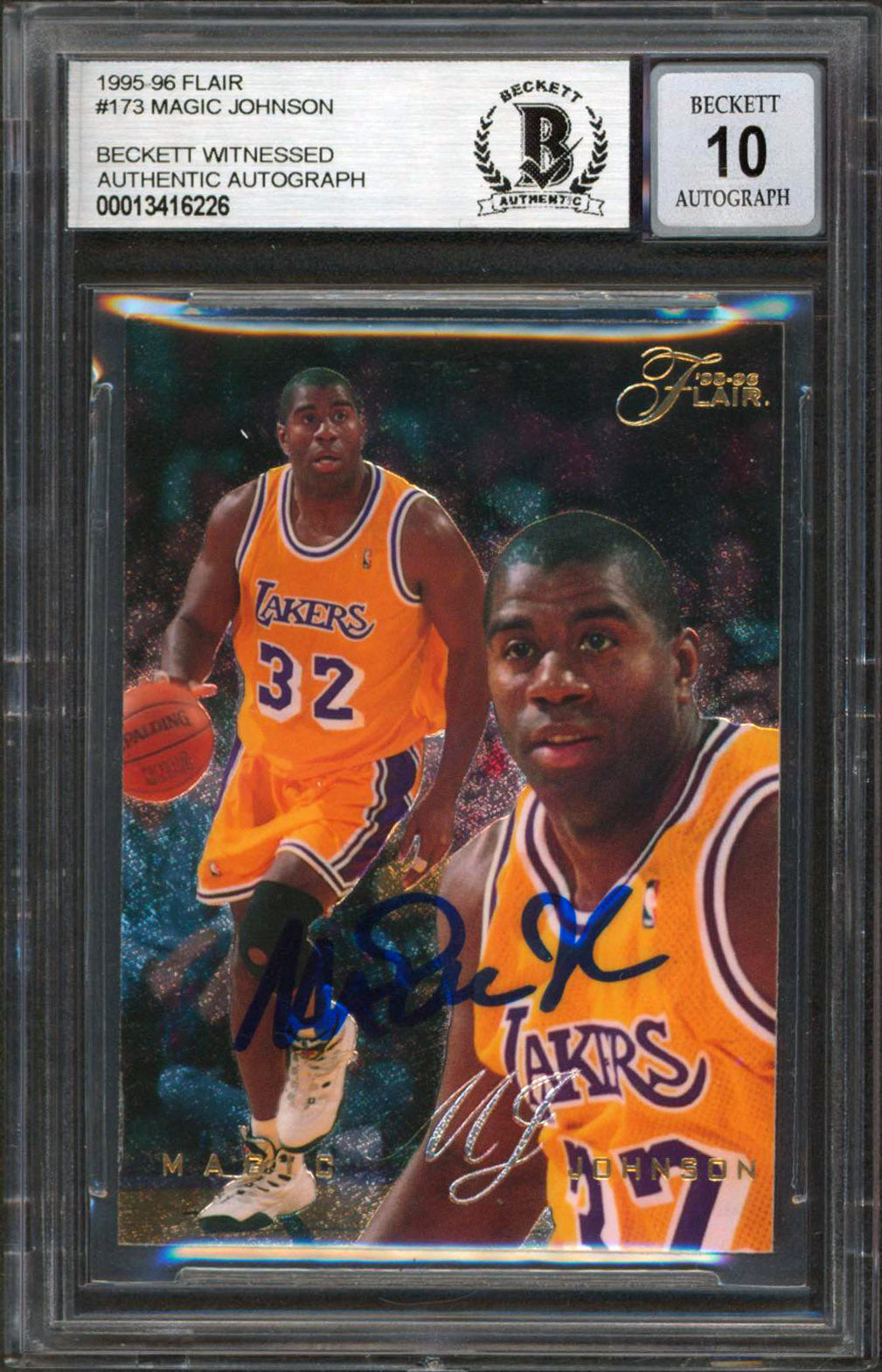 Lakers Magic Johnson Signed 1995 Flair #173 Card Auto Graded Gem 10! BAS Slabbed