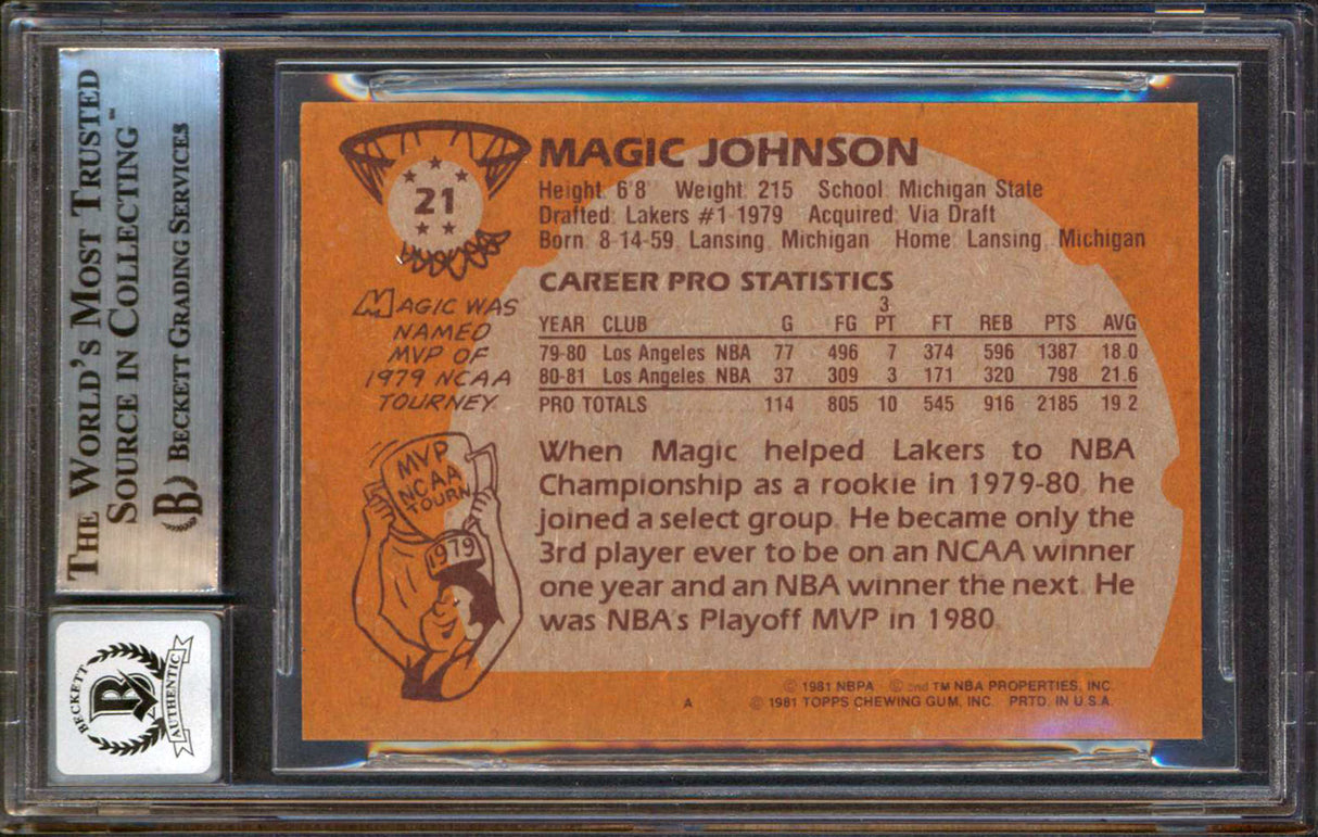 Lakers Magic Johnson Authentic Signed 1981 Topps #21 Card Auto 10! BAS Slabbed