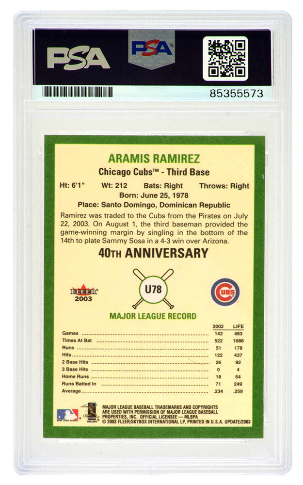 Aramis Ramirez Signed Cubs 2003 Fleer Tradition Update Baseball Card #78 - (PSA Encapsulated)